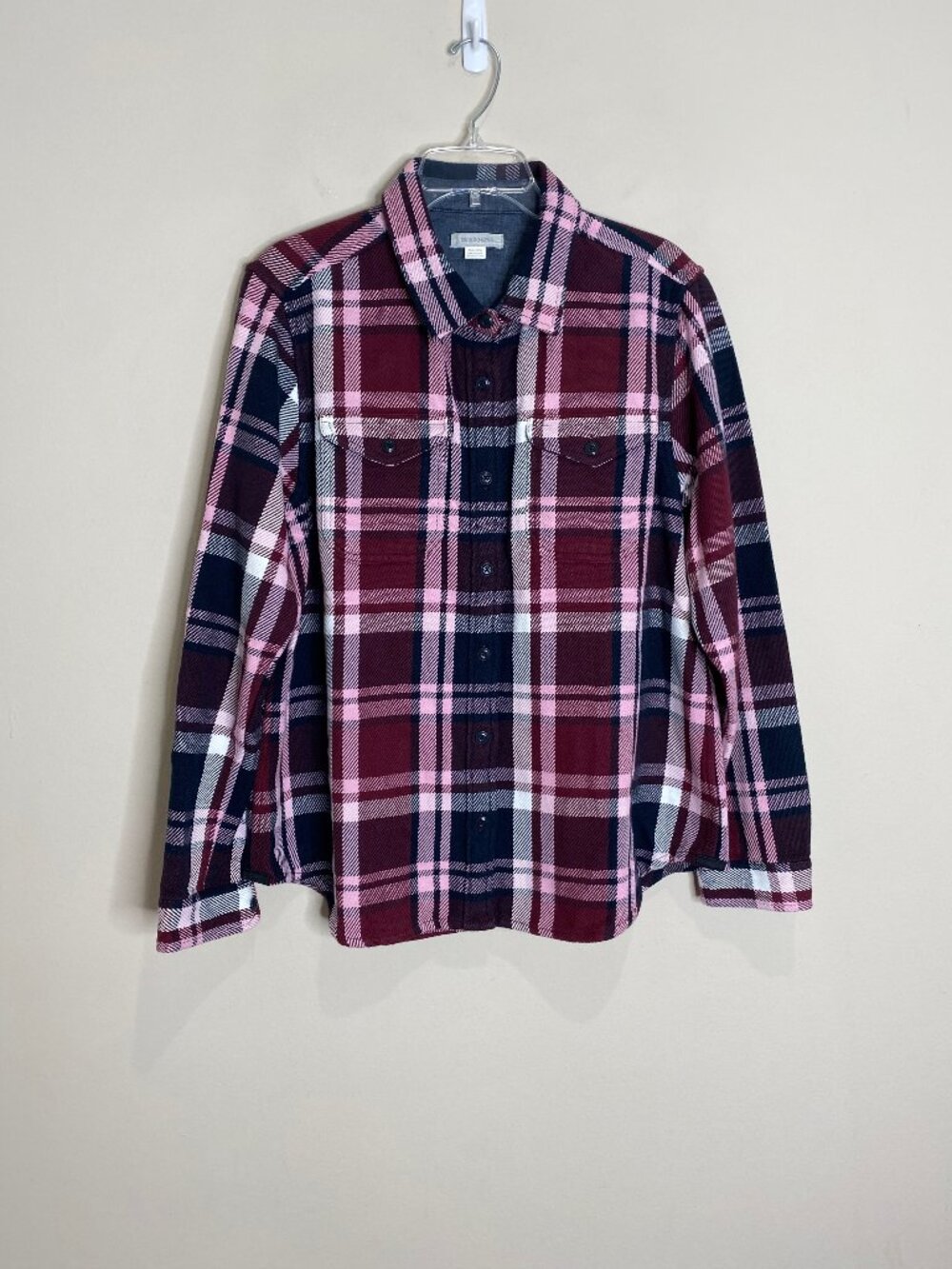 Outerknown Blanket Shirt Women's Button Up Shacket Plaid Burgundy Pink Navy M/L